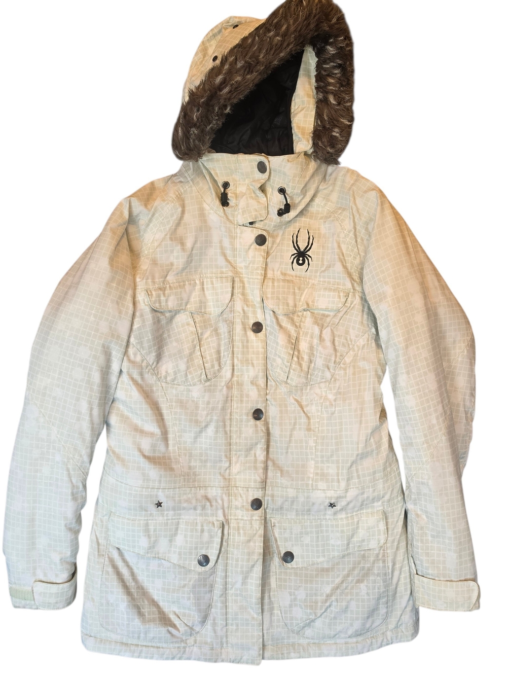 Spyder Plaid Ski Snowboard Jacket Medium Faux Fur Hood Cream White Outdoor